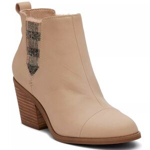 Toms Everly Beige Ankle Booties with Plaid Accent and Block Heel
